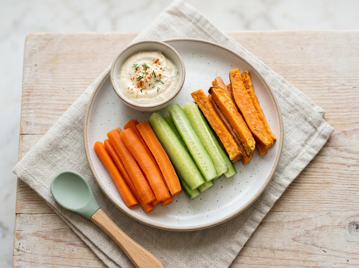 Frische Gurkensticks mit glattem Mandelmus für Ihr Kind