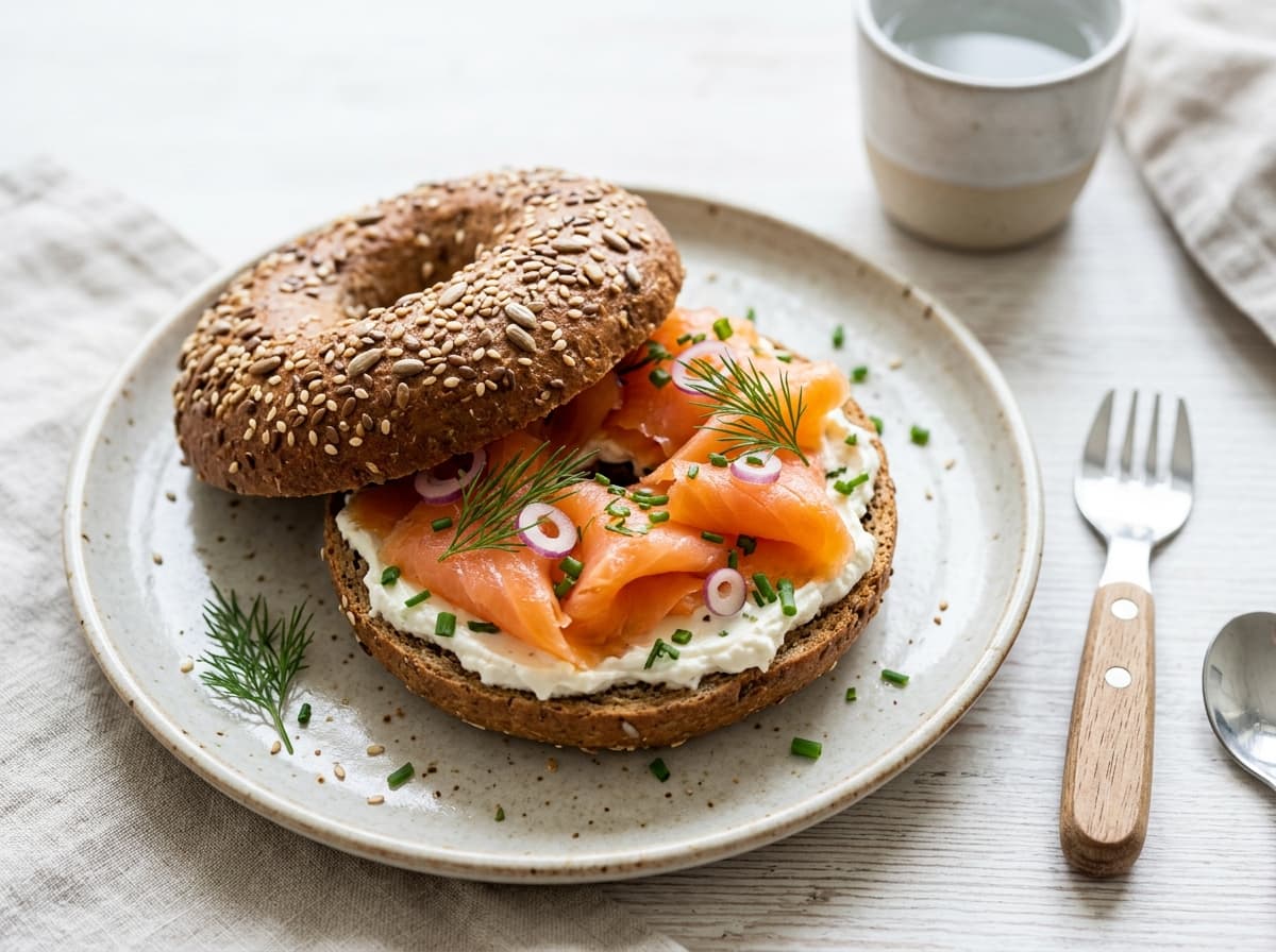 Vollkorn-Bagel mit Räucherlachs und Meerrettich-Frischkäse
