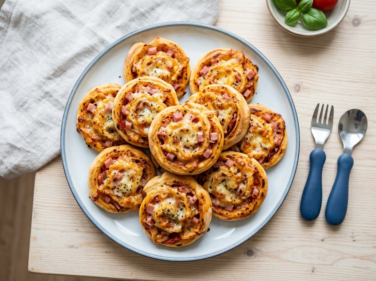 Knusprige Käse-Schinken-Pizzaschnecken für kleine Bäcker