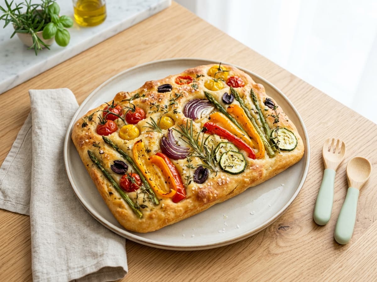 Bunte Focaccia-Gartenlandschaft mit Gemüse backen