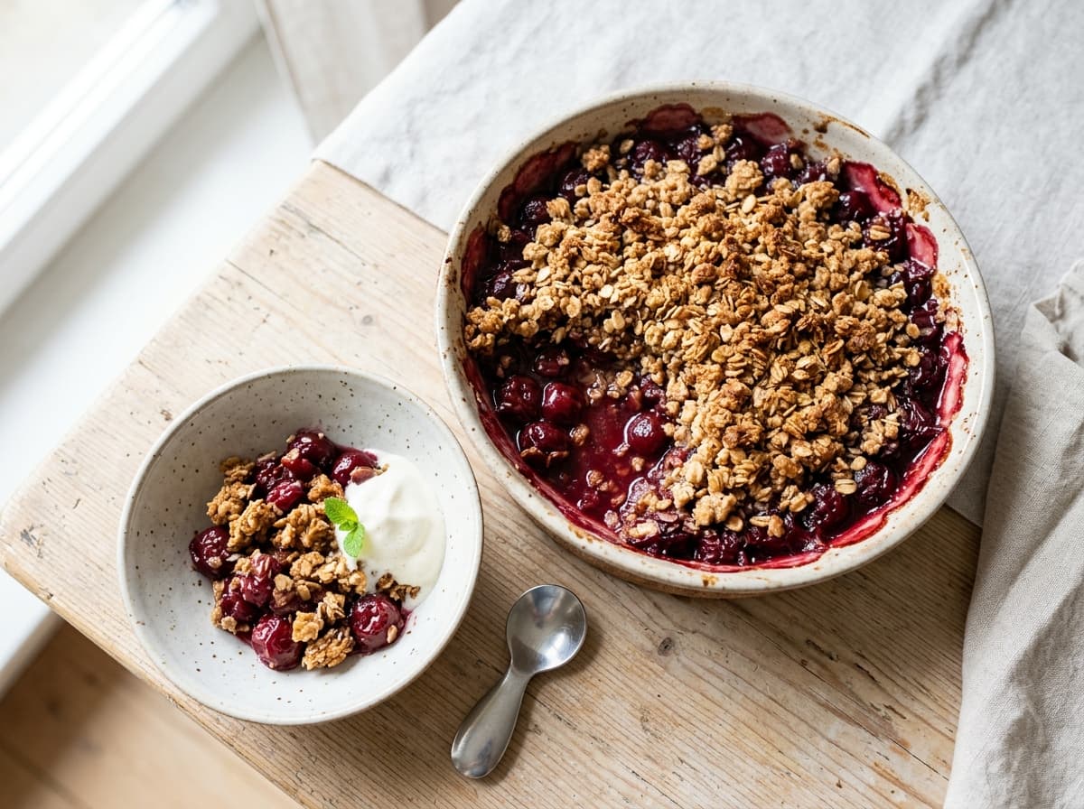 Warmer Kirsch-Crumble mit knusprigen Haferstreuseln