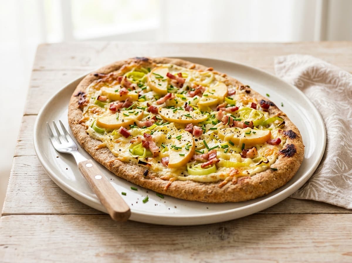 Vollkornflammkuchen mit Lauch, Speck und Apfel