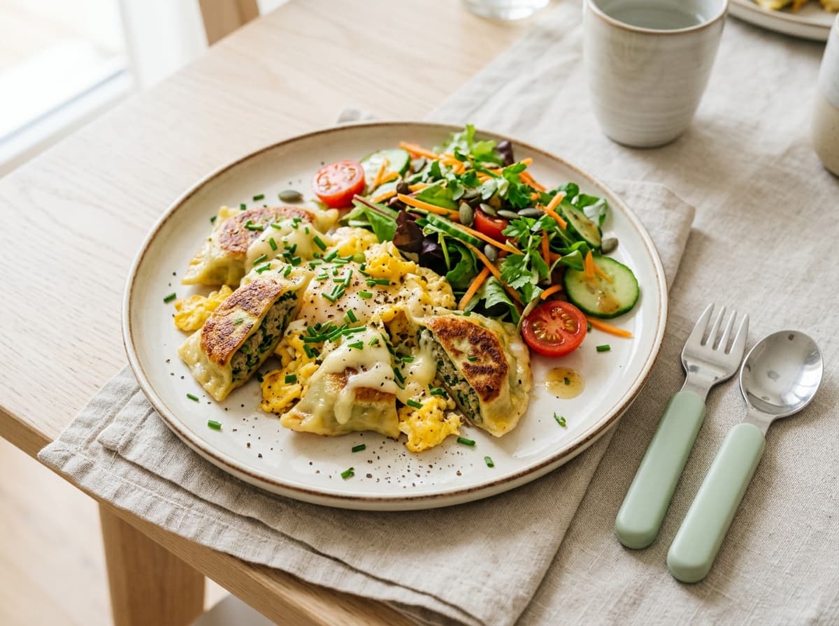Gebratene Maultaschen mit Ei und frischem Beilagensalat für Familien