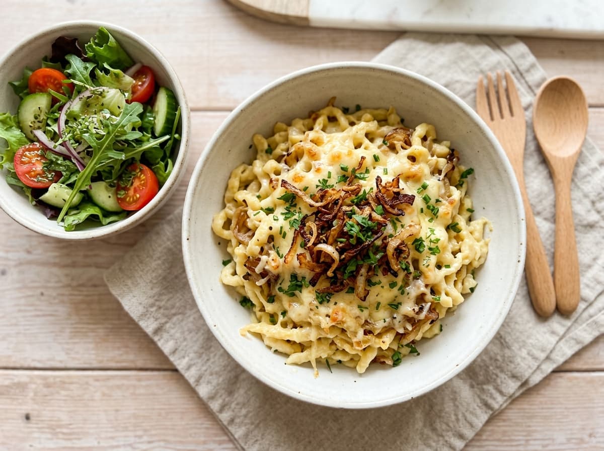 Deftige Käsespätzle mit Röstzwiebeln und grünem Beilagensalat für Familien