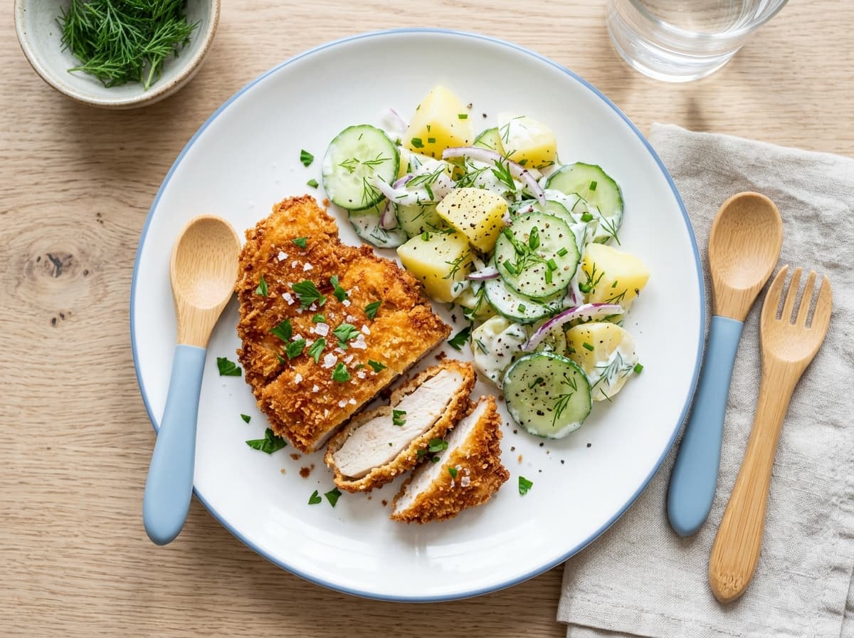 Knusprige Ofen-Hähnchenschnitzel mit leichtem Gurken-Kartoffelsalat