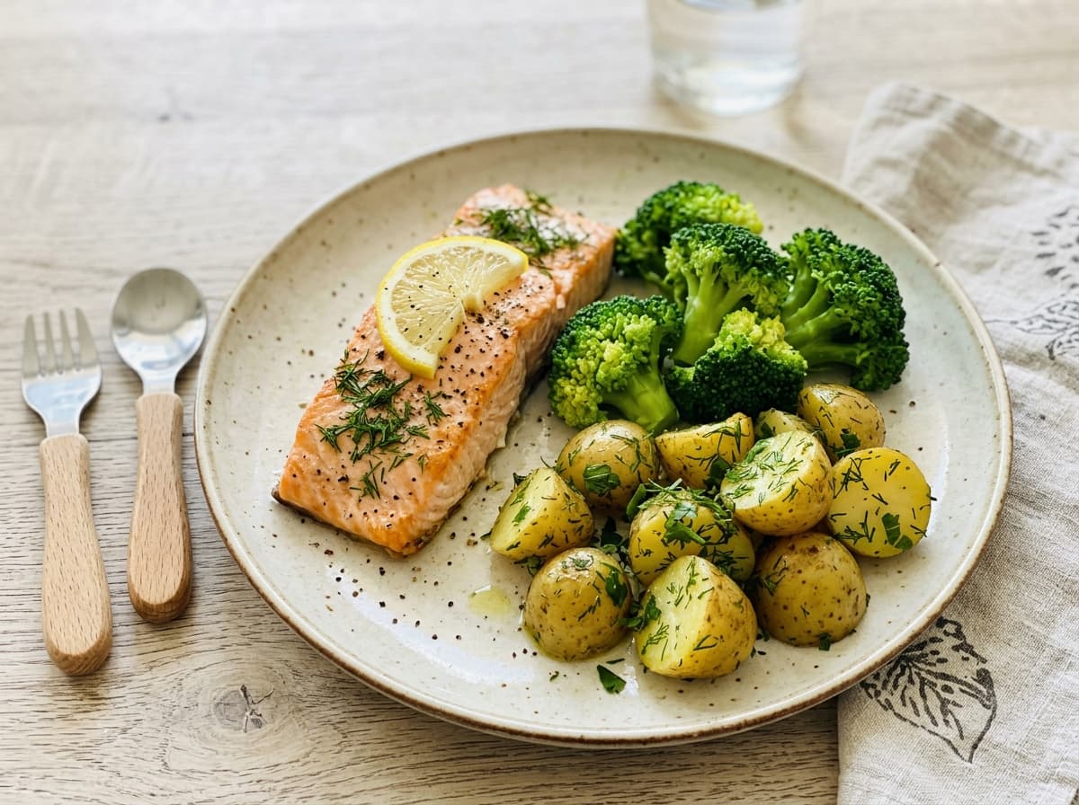 Saftiger Ofen-Lachs mit Brokkoli und Dillkartoffeln