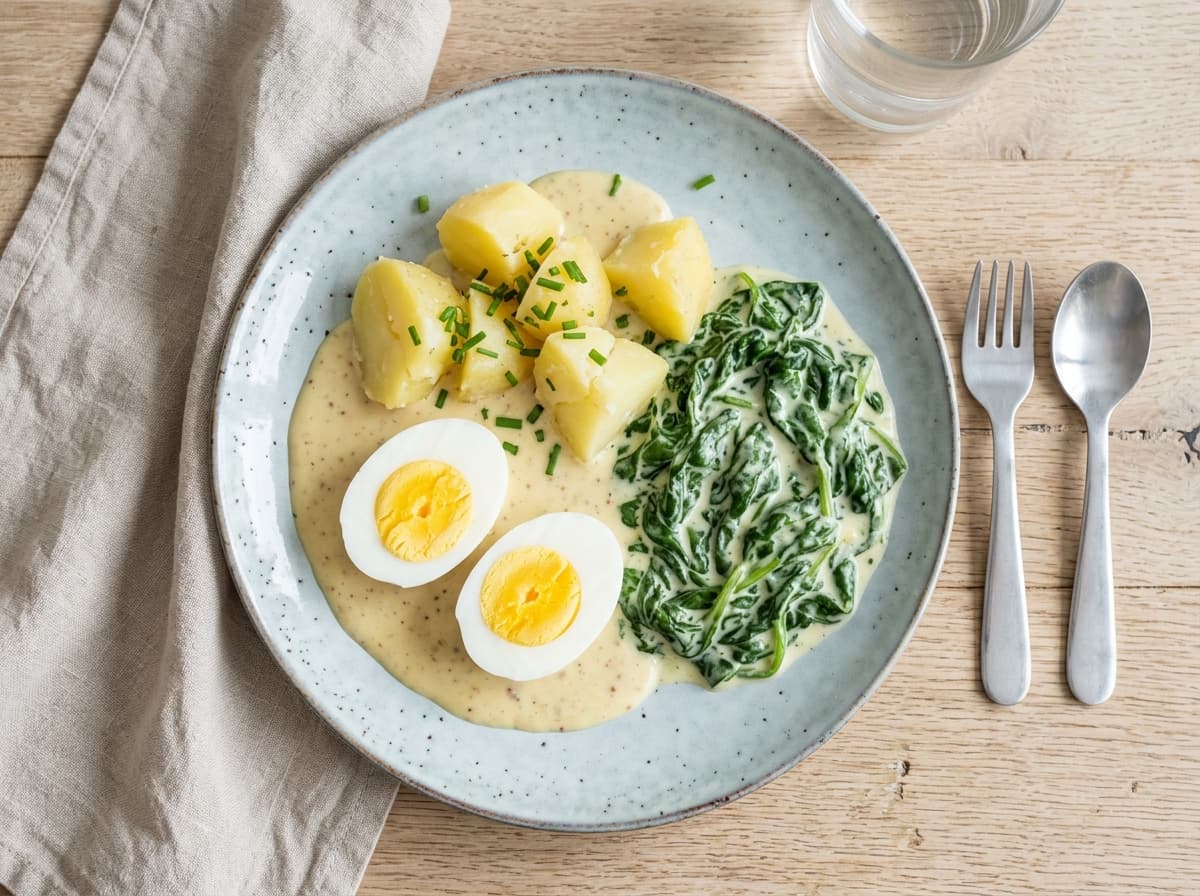 Klassische Senfeier mit Salzkartoffeln und cremigem Blattspinat
