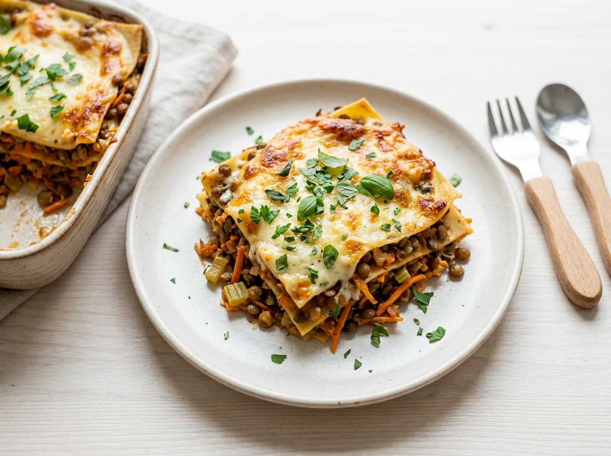 Vegetarische Linsen-Lasagne mit Möhren und Kräutern