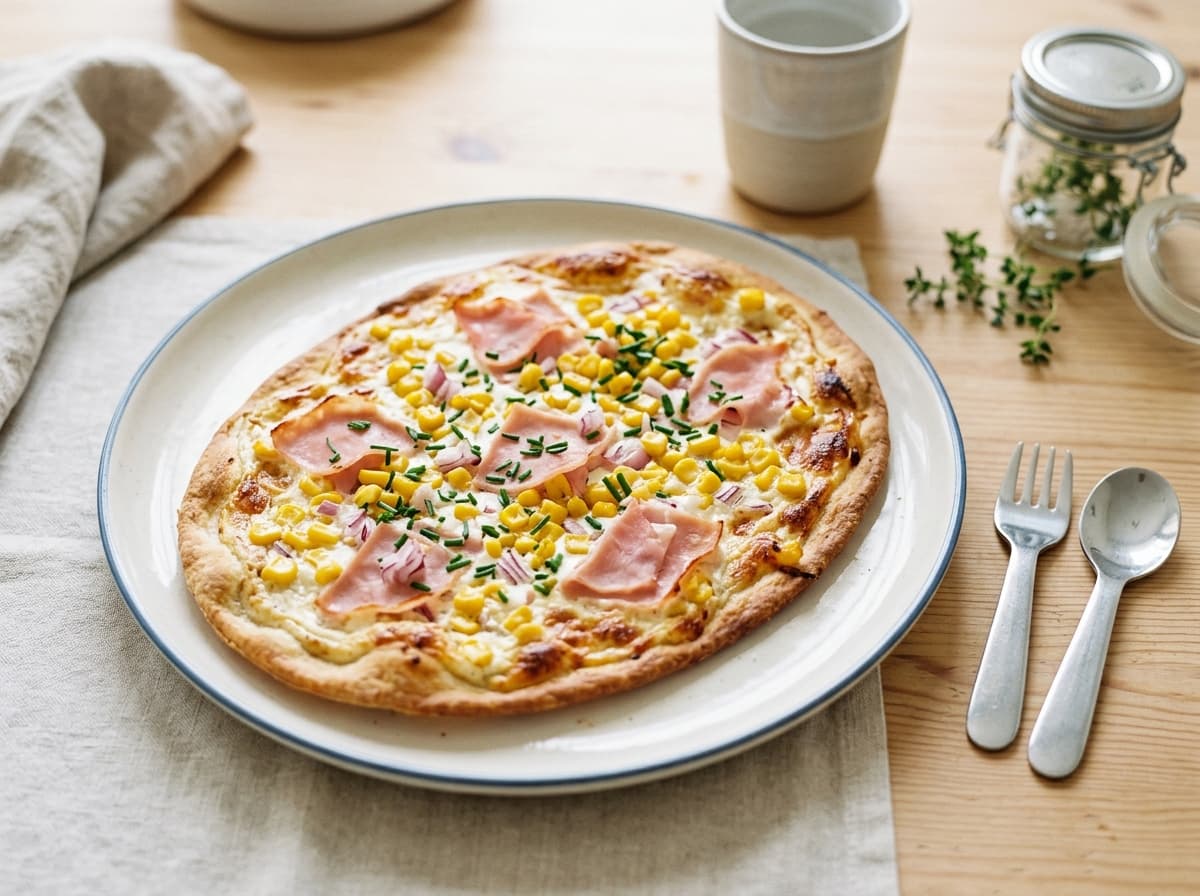 Knuspriger Familien-Flammkuchen mit Mais und mildem Schinken