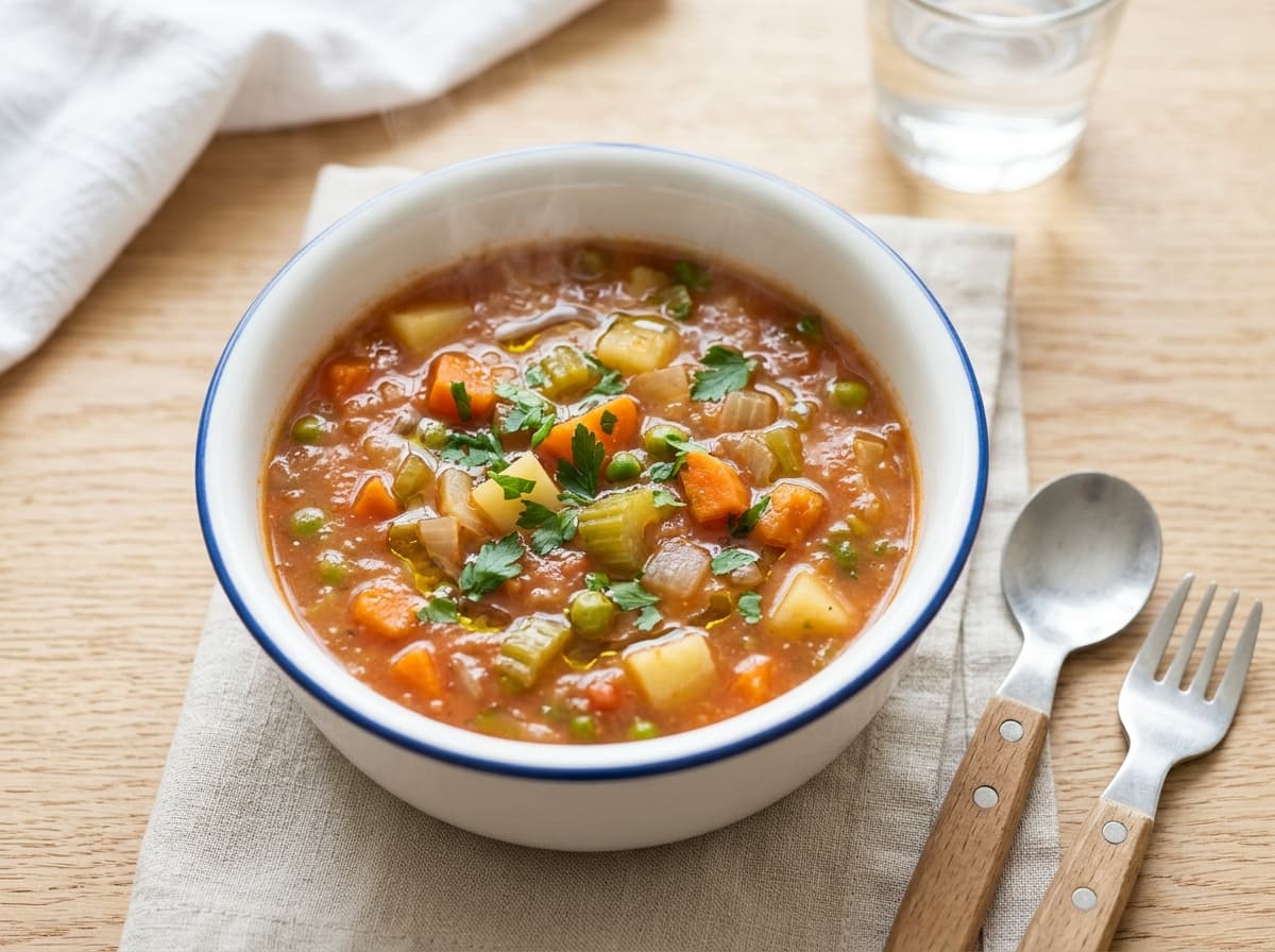 Klare Hühnersuppe mit Buchstabennudeln und mildem Wurzelgemüse