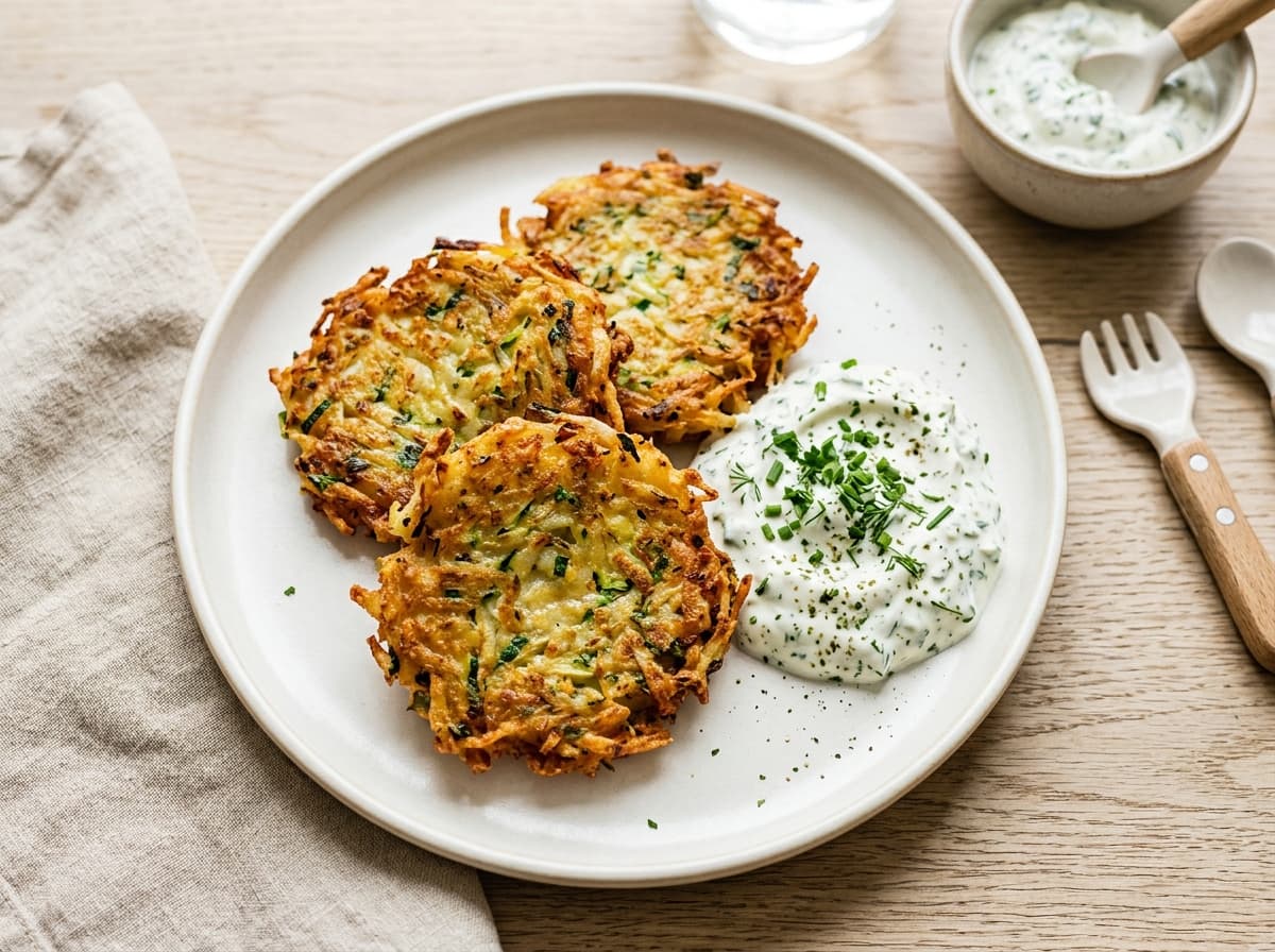 Knusprige Kartoffel-Zucchini-Puffer mit mildem Kräuterquark