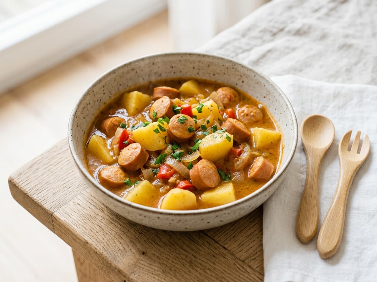 Wärmendes Kartoffelgulasch mit milden Wiener Würstchen