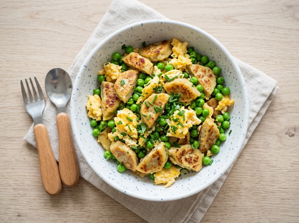 Angebratene Maultaschen mit Ei und Erbsen für Kinder