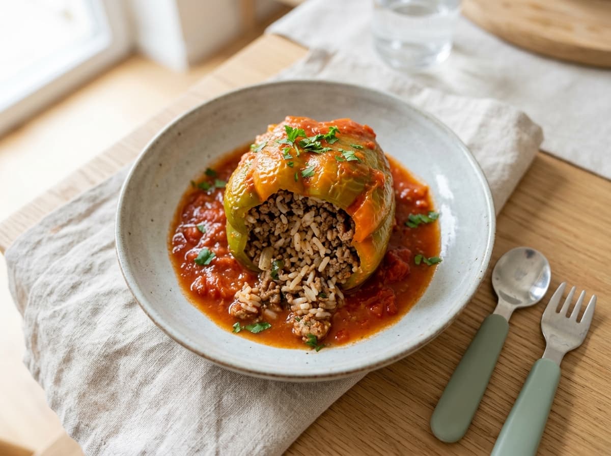 Milde gefüllte Paprika mit Reis und Hackfleisch in Tomatensoße