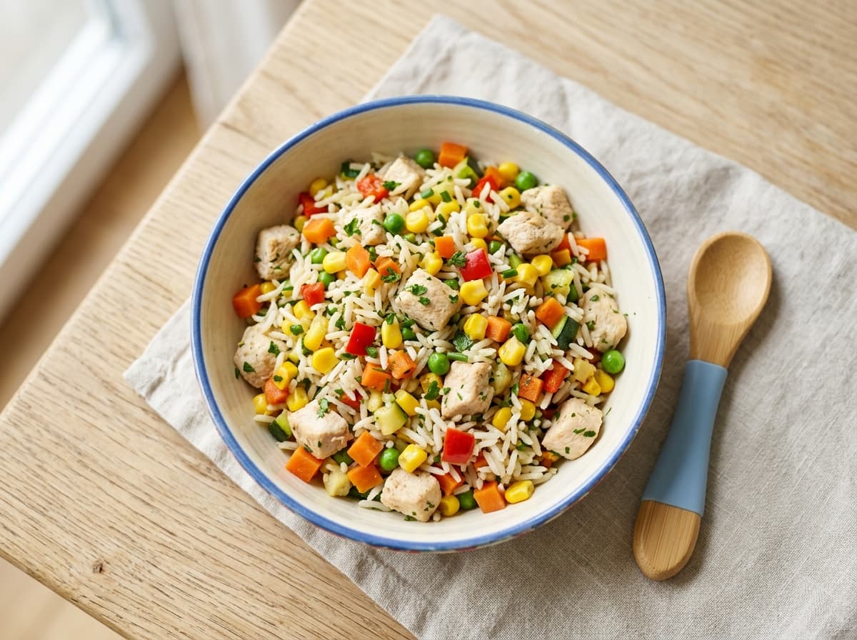 Milde Gemüse-Reispfanne mit Hähnchen und Mais für Kinder