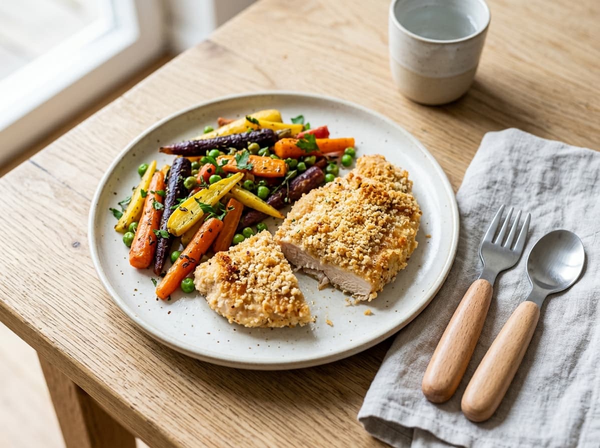 Zarte Hähnchenschnitzel aus dem Ofen mit buntem Möhrengemüse