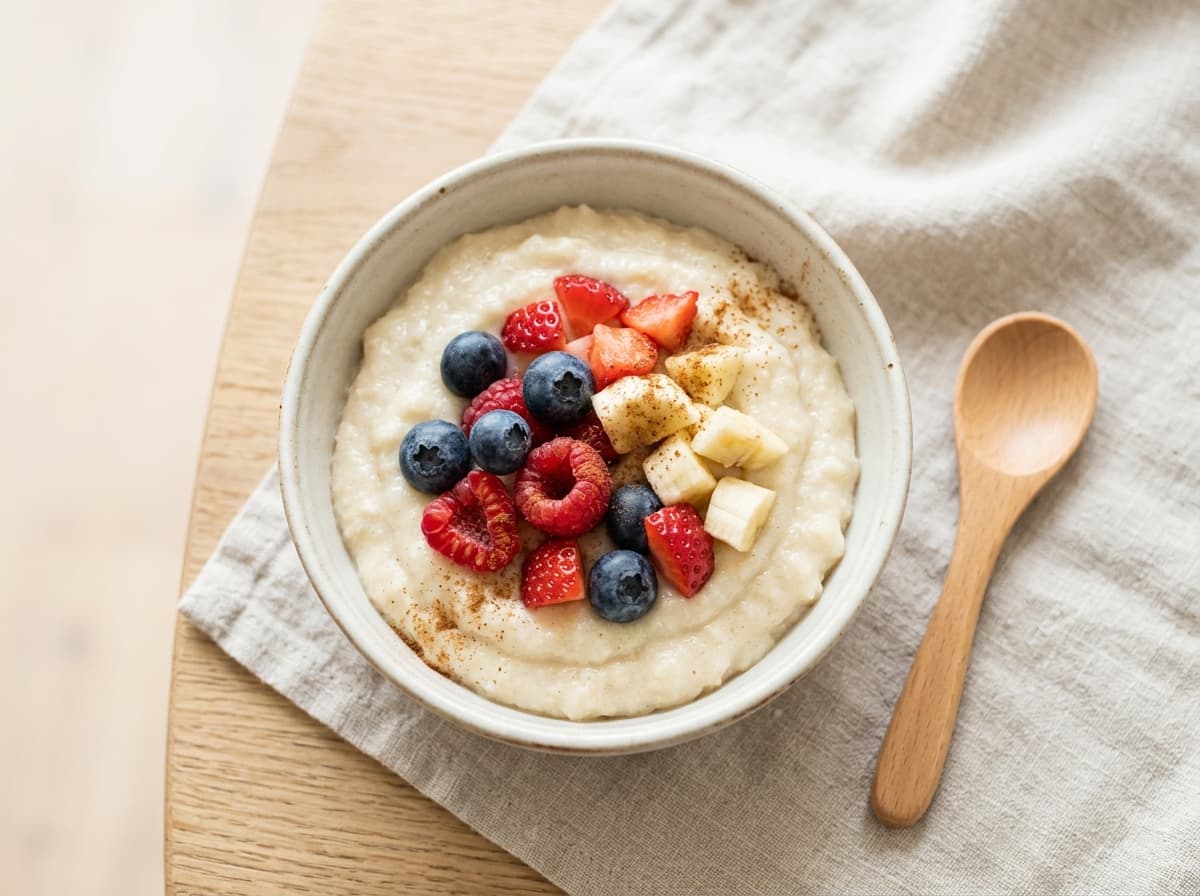 Süßer Quarkauflauf mit Grieß und warmen Himbeeren