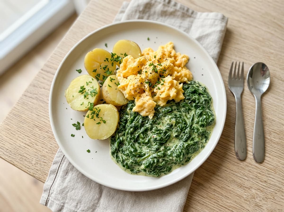 Rahmspinat mit Rührei und Salzkartoffeln