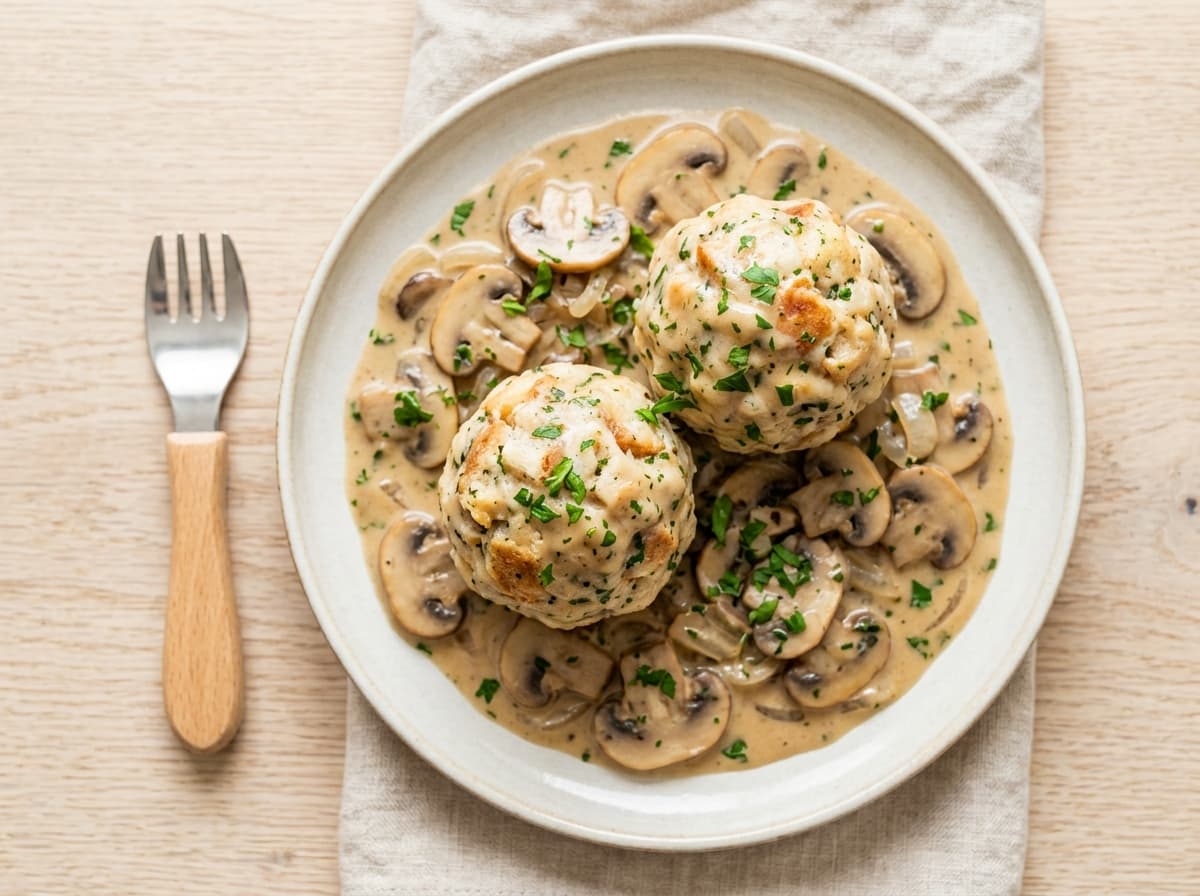 Hausgemachte Semmelknödel mit milder Champignon-Rahmsoße