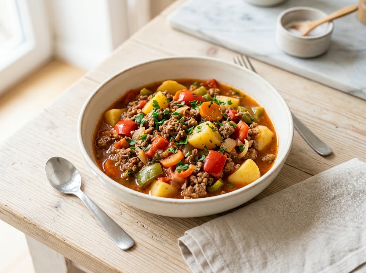 Deftiger Bauerntopf mit Hackfleisch, Kartoffeln und Paprika