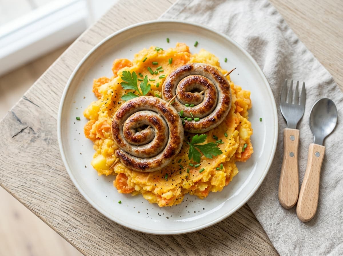 Gebratene Bratwurstschnecken mit Möhren-Kartoffel-Stampf