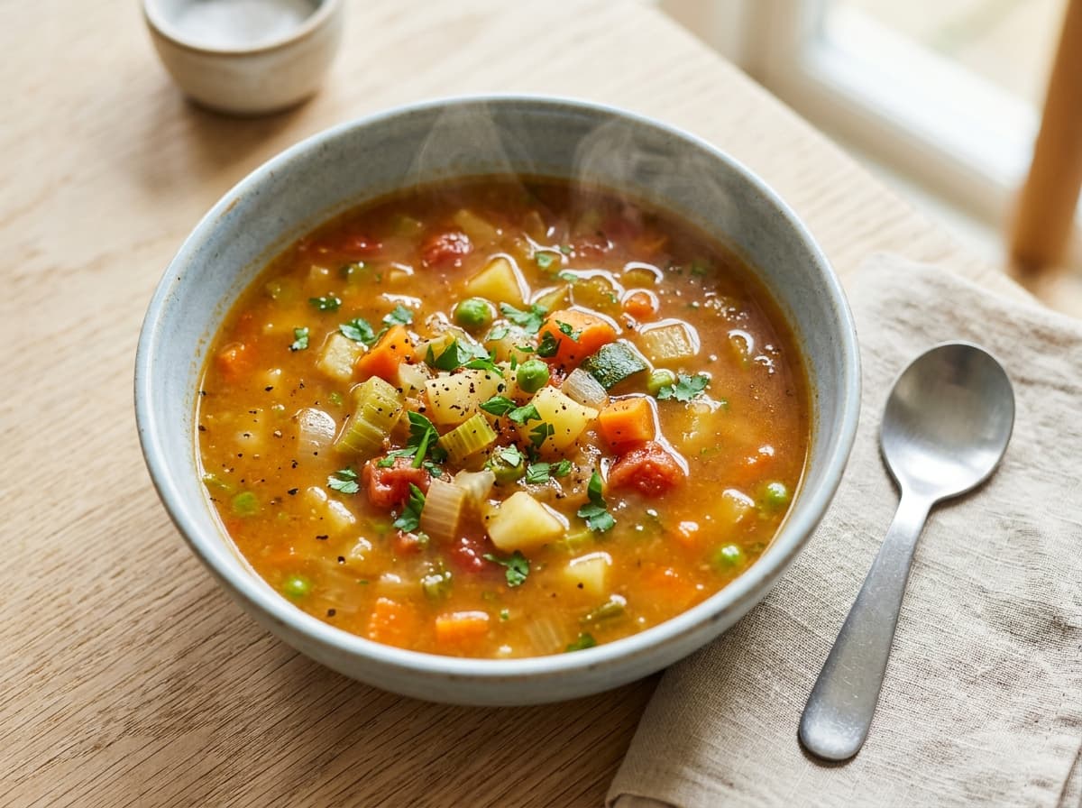Bunte Nudelsuppe mit Rindfleischklößchen und Wurzelgemüse