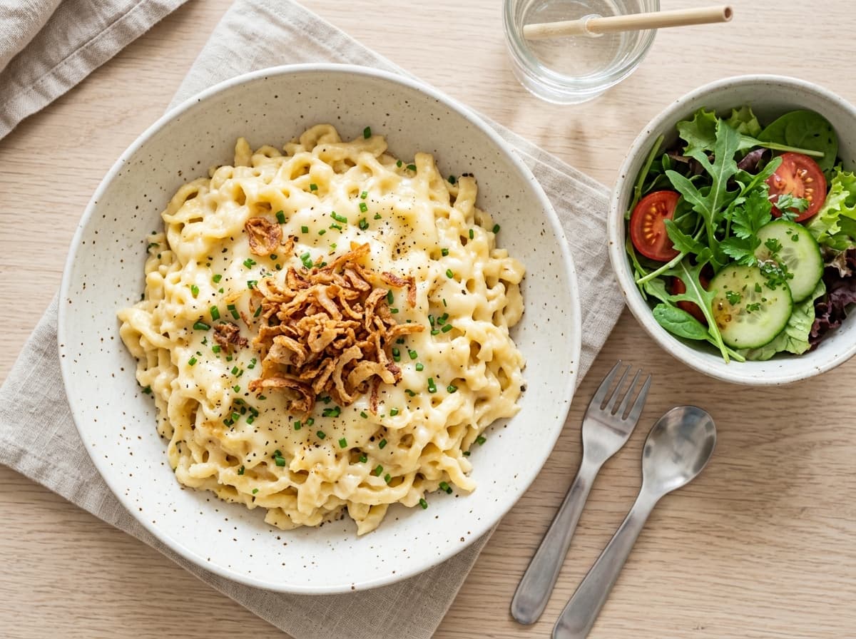 Cremige Käsespätzle mit Röstzwiebeln und kleinem Beilagensalat