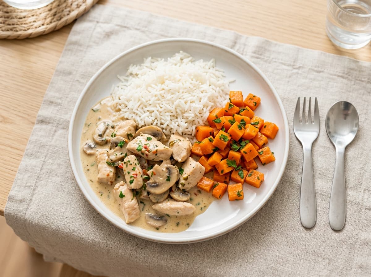Hähnchen-Geschnetzeltes mit Reis und Karottengemüse
