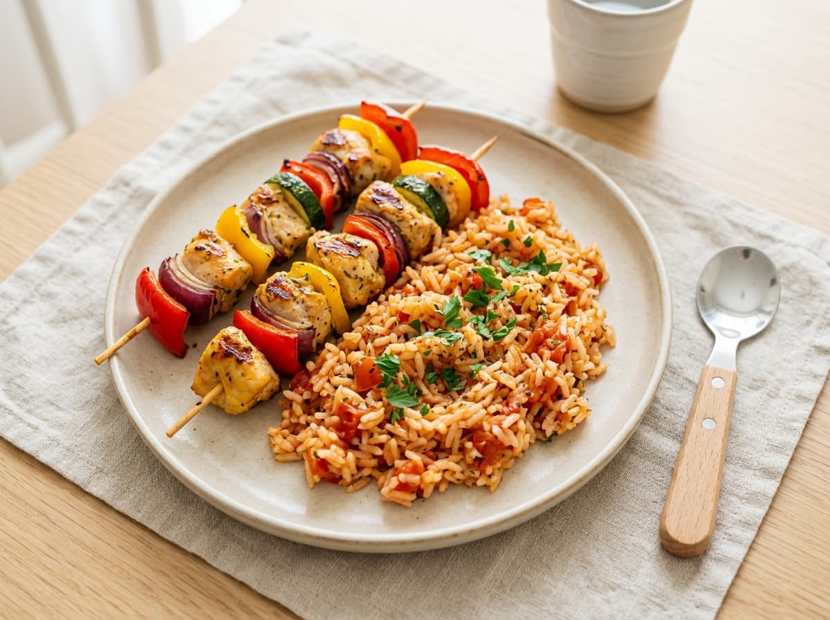 Bunte Hähnchenspieße mit mildem Tomatenreis für die ganze Familie