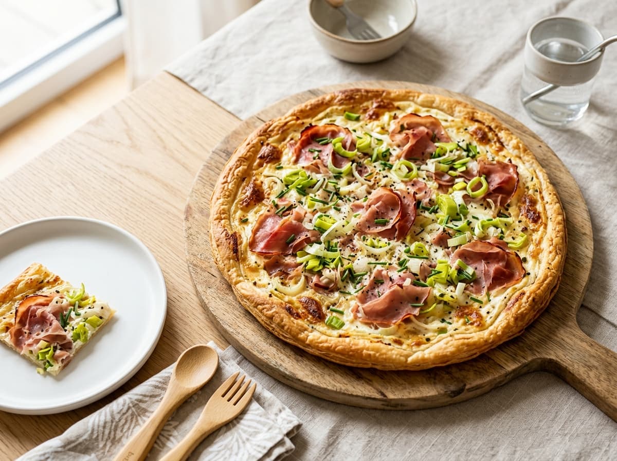 Knuspriger Flammkuchen mit Schinken und Lauch für die Familie