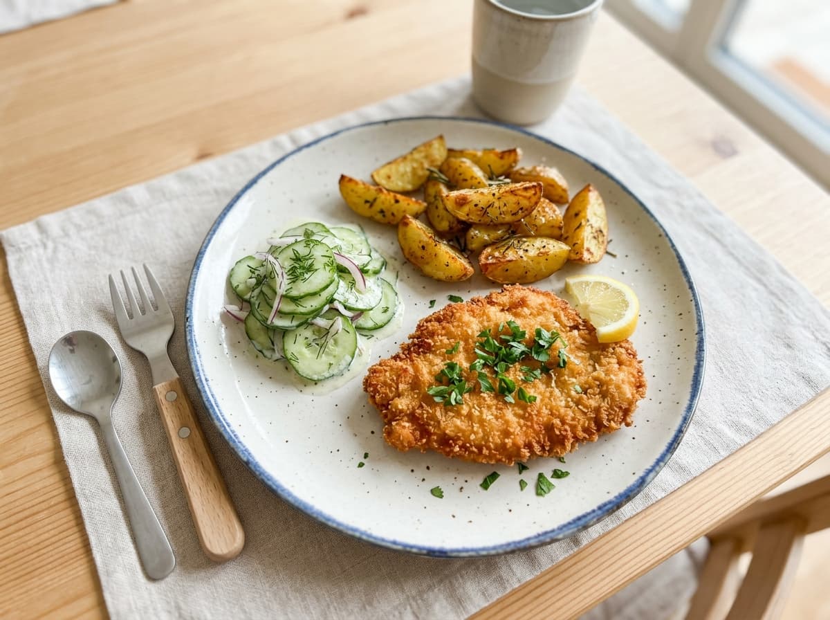 Knuspriges Putenschnitzel mit Ofenkartoffeln und Gurkensalat