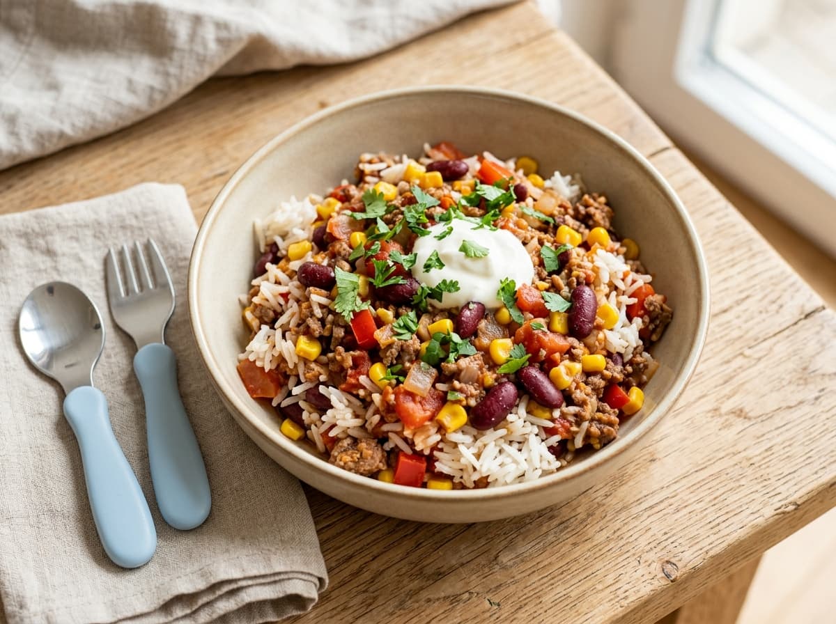 Mildes Chili con Carne mit Mais, Bohnen und Reis für die Familie