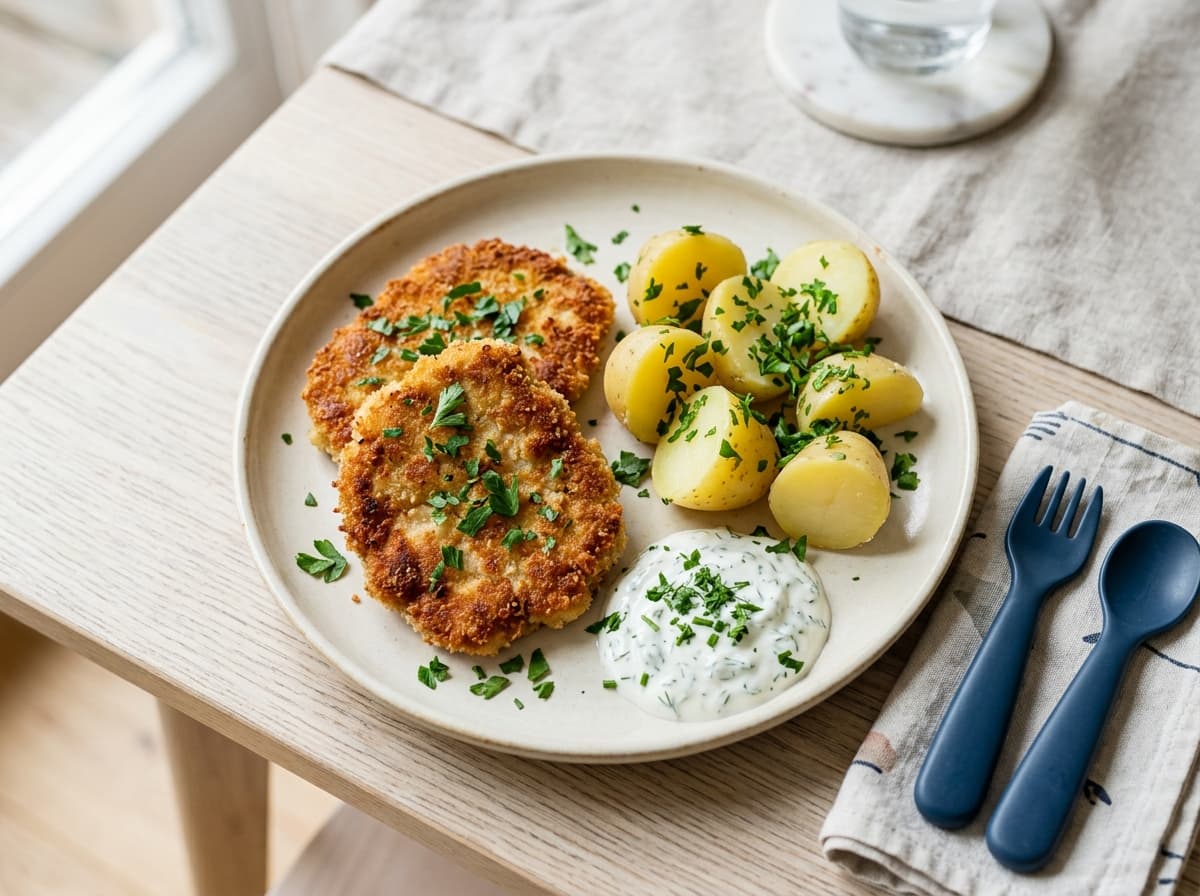 Knusprige Kohlrabi-Schnitzel mit Petersilienkartoffeln für Familien
