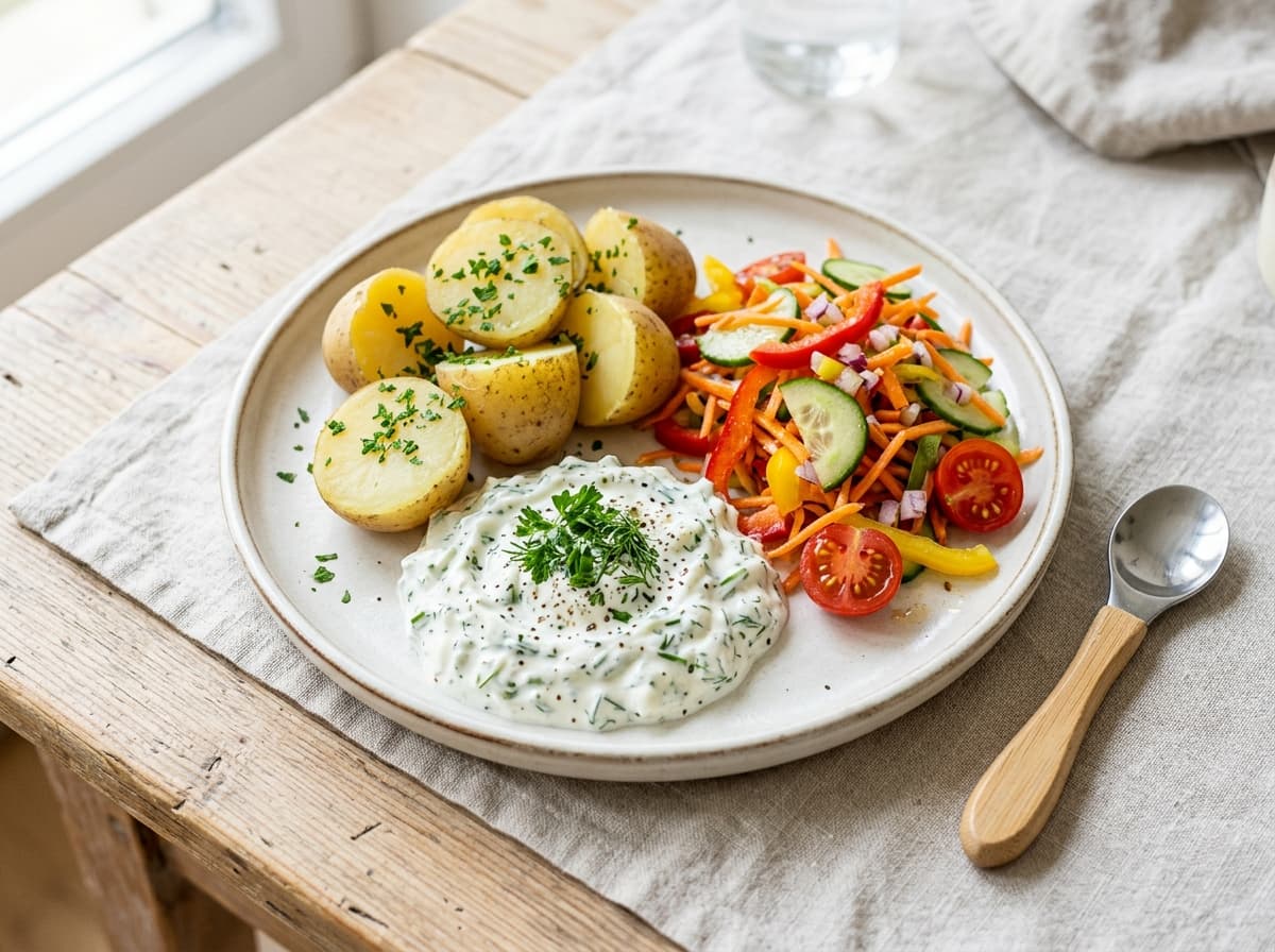 Frische Pellkartoffeln mit cremigem Kräuterquark und bunter Rohkost