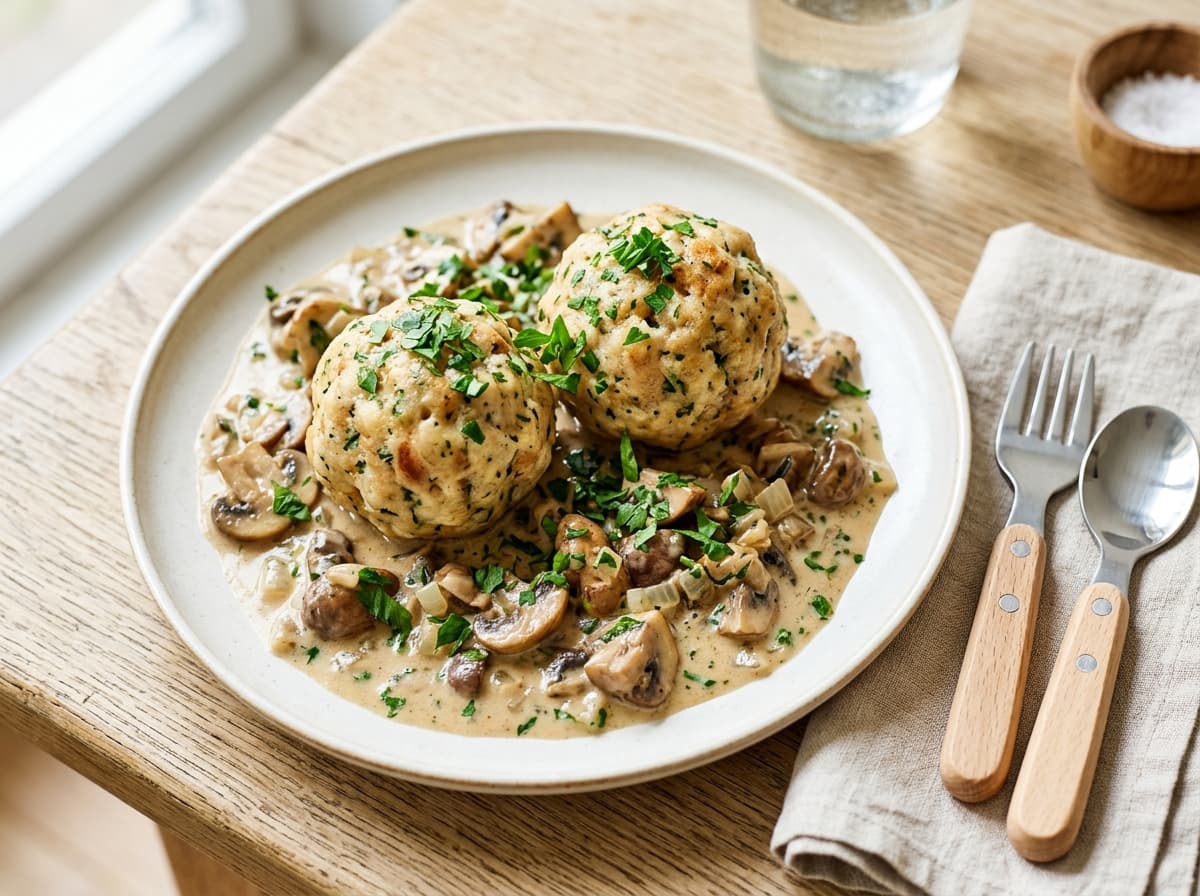 Hausgemachte Semmelknödel mit milder Champignon-Rahmsoße