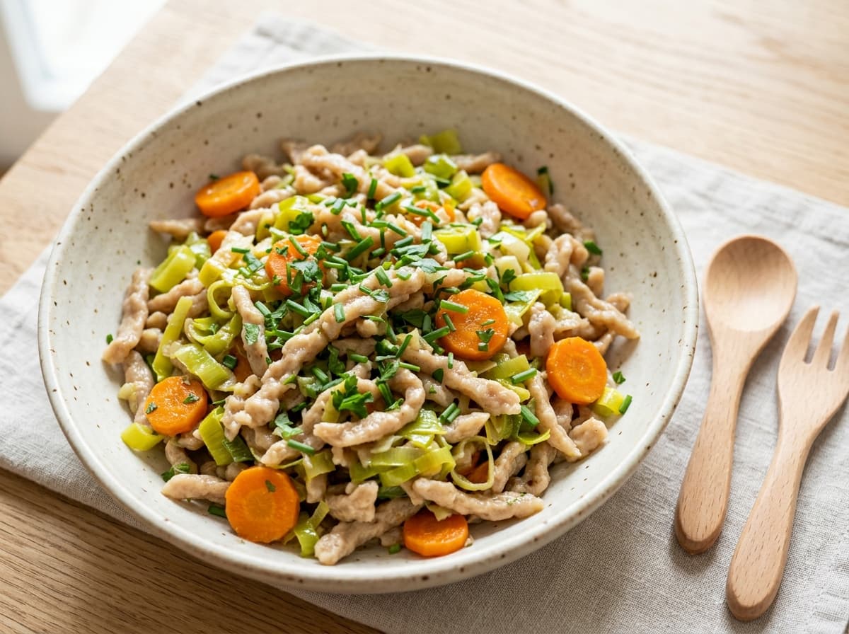 Dinkel-Spätzle-Pfanne mit mildem Lauch und Karotten
