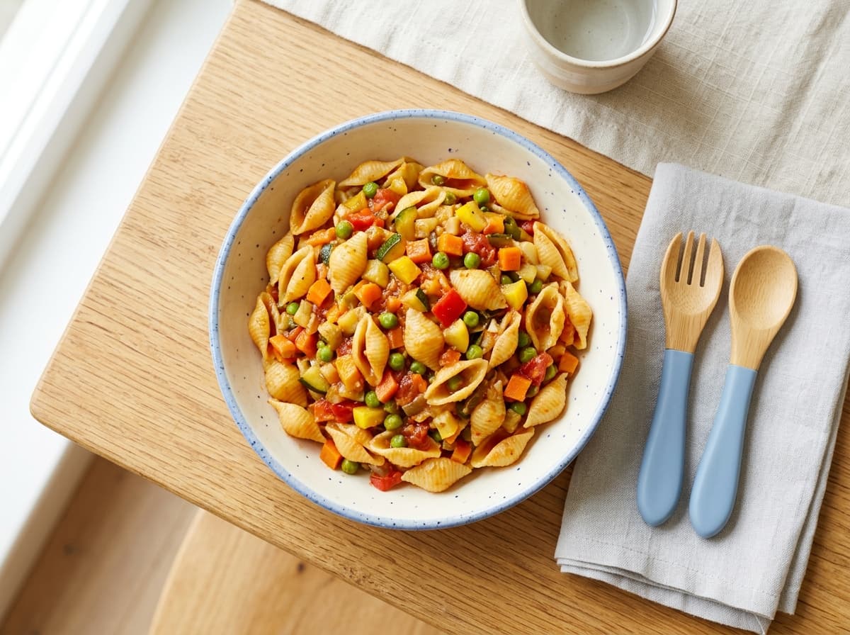Lauwarmer Nudelsalat mit Erbsen und mildem Joghurtdressing