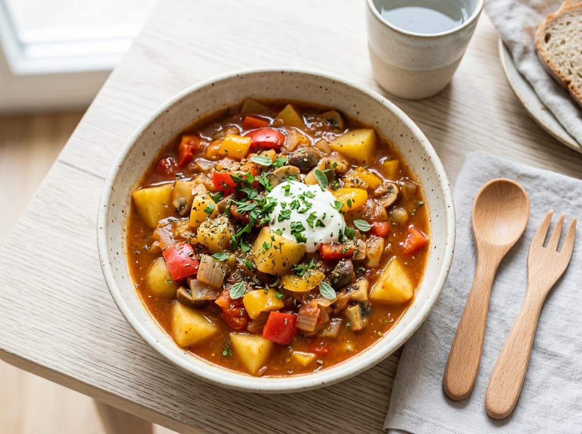 Vegetarisches Kartoffelgulasch mit Paprika und Majoran