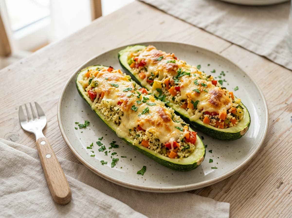 Überbackene Zucchini-Schiffchen mit Couscous und Gouda