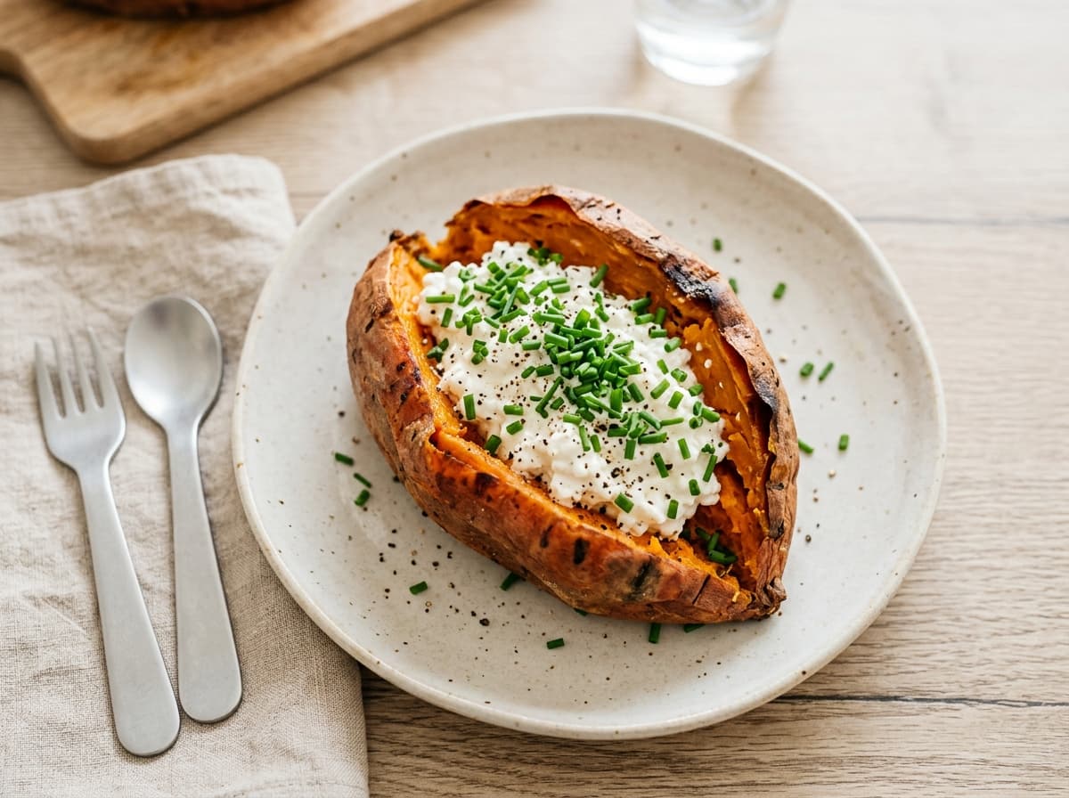 Ofen-Süßkartoffel mit körnigem Frischkäse und Schnittlauch