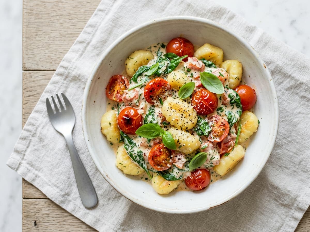 Schnelle Gnocchi-Pfanne mit mildem Kräuterfrischkäse und Tomaten
