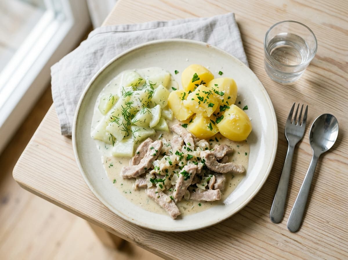 Mildes Schweinegeschnetzeltes mit Rahm-Kohlrabi und Salzkartoffeln