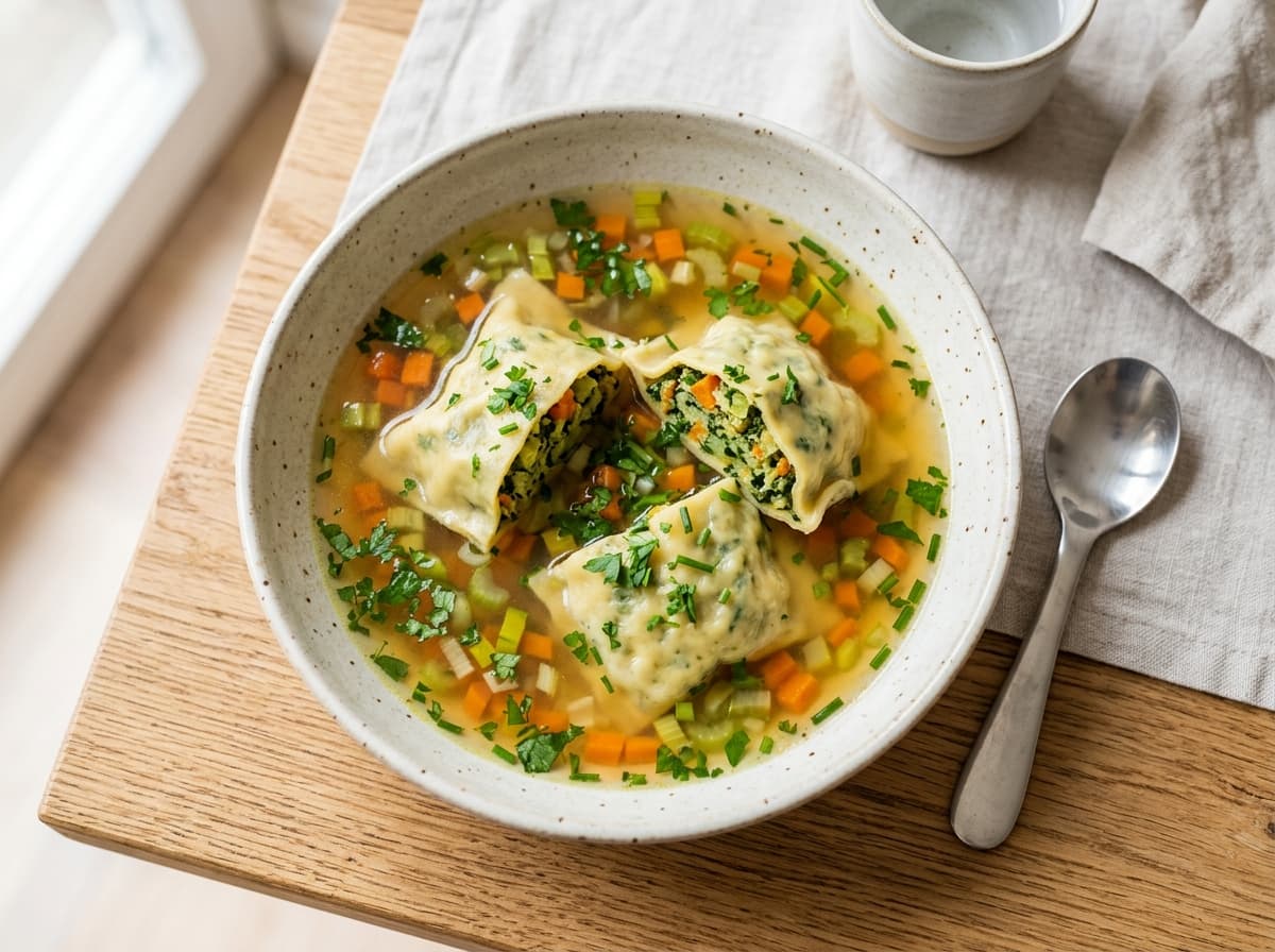 Vegetarische Maultaschen in klarer Gemüsebrühe für die Schwangerschaft