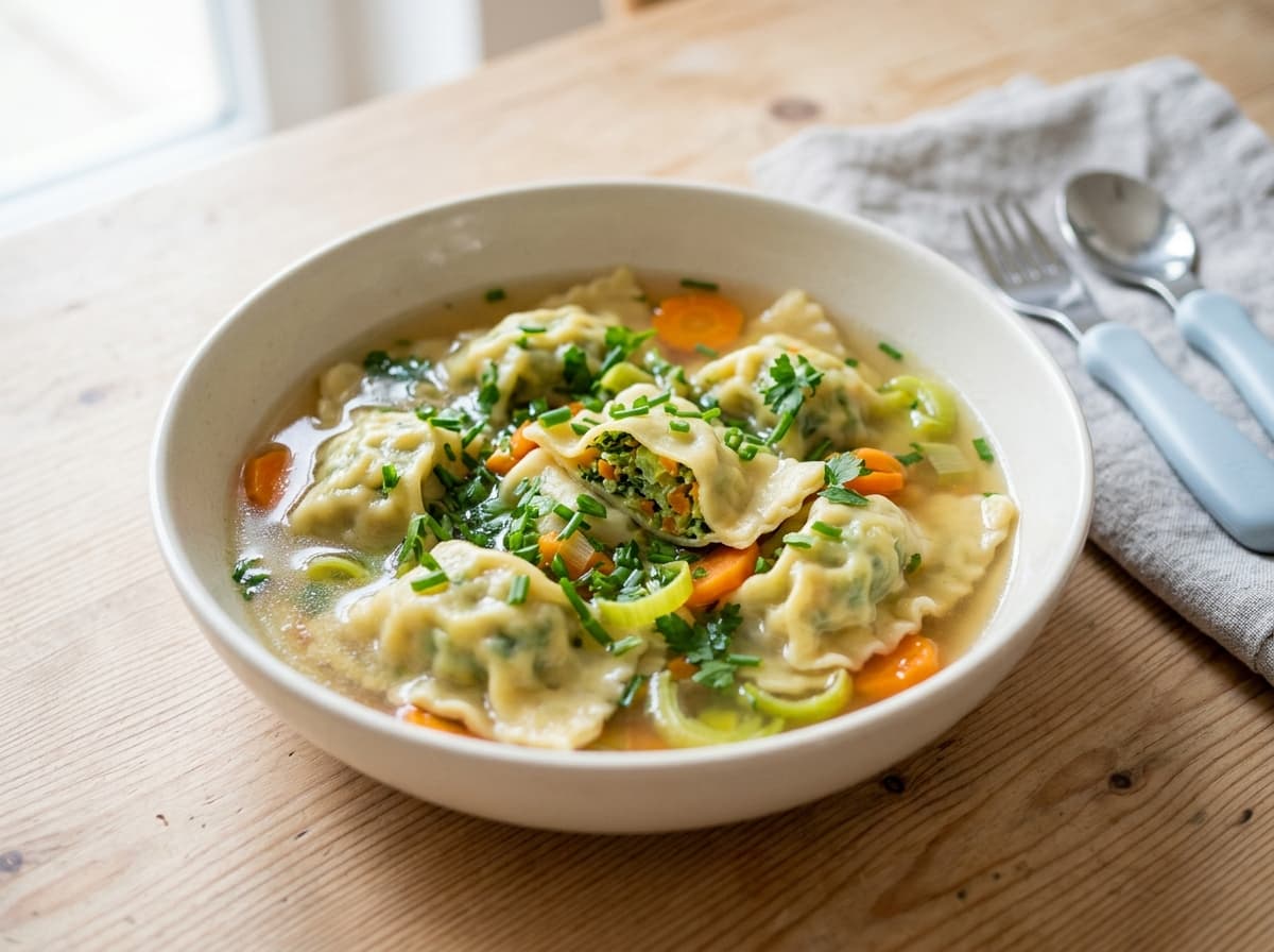 Bunte Gemüse-Maultaschen in sanfter Brühe