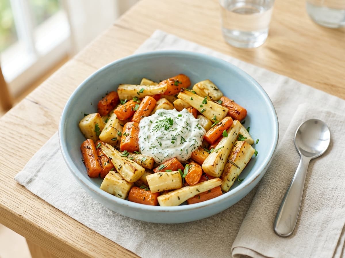 Mildes Ofengemüse mit Pastinaken, Möhren und Kräuterquark