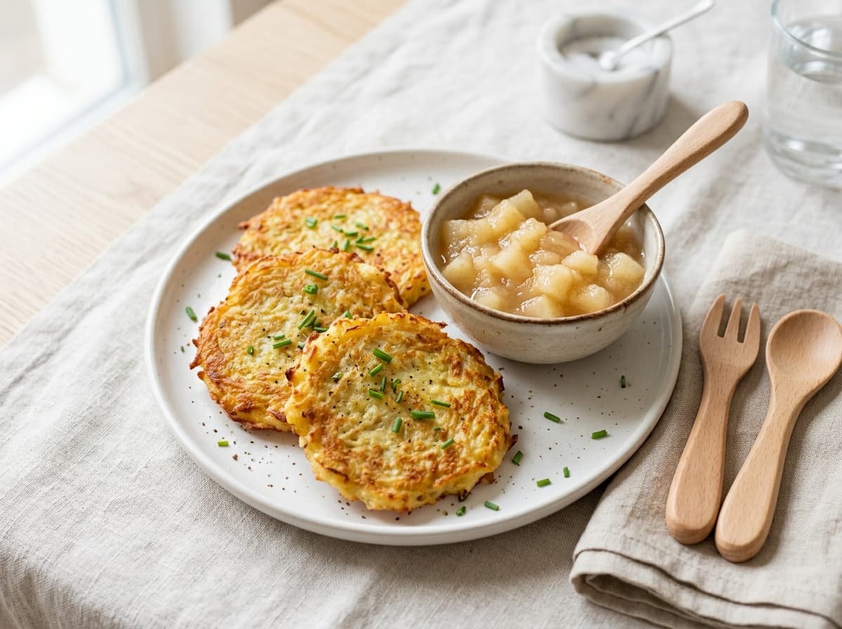 Fettarme Ofen-Kartoffelpuffer mit mildem Birnenkompott