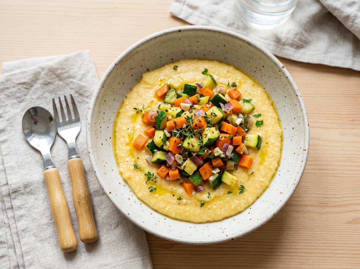 Cremige Polenta mit gedünstetem Zucchini-Möhren-Gemüse