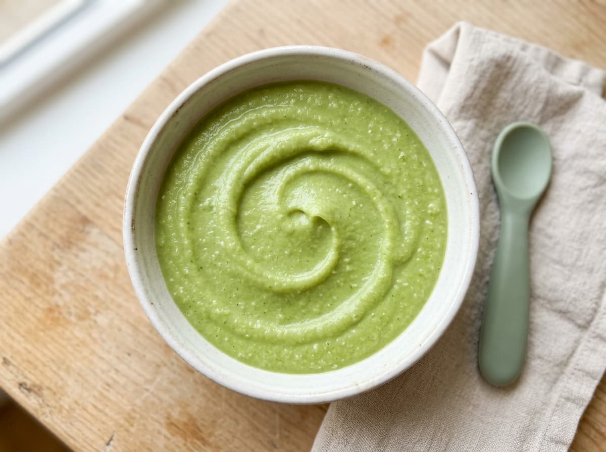 Frühlingshafter Erbsen-Zucchini-Brei mit einem Hauch Minze