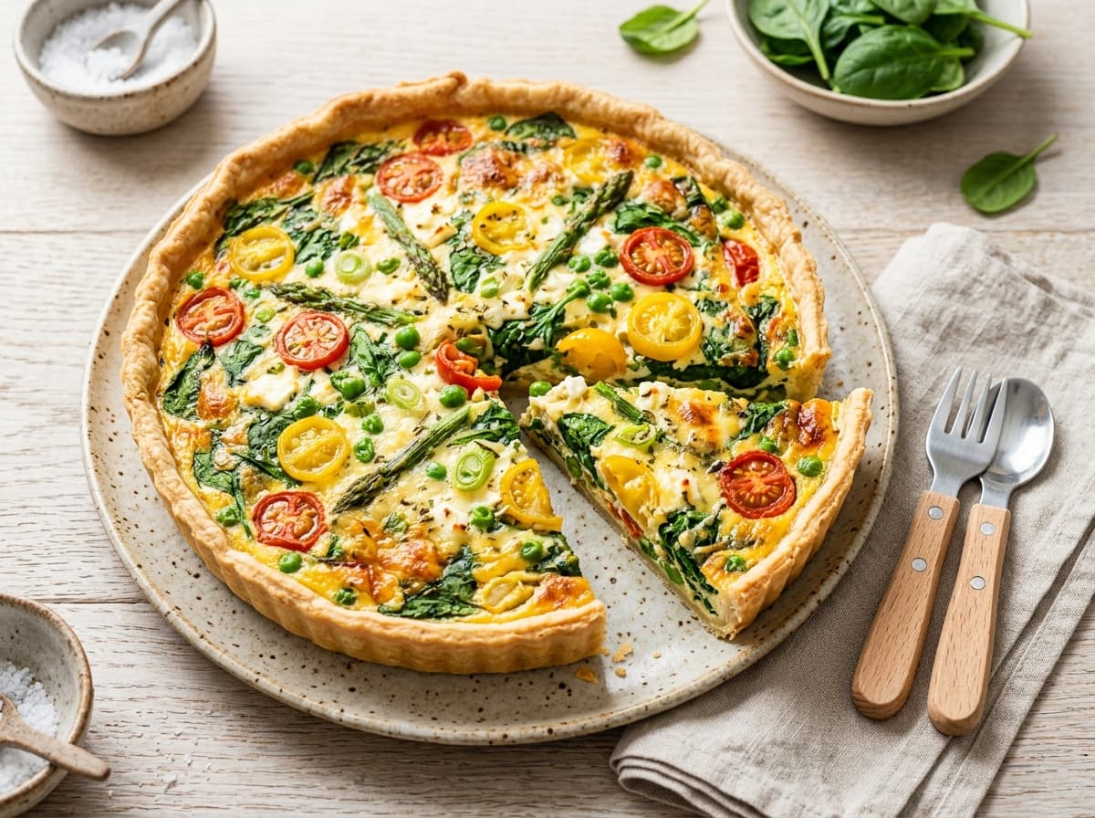 Bunte Frühlingsquiche mit jungem Spinat und mildem Käse