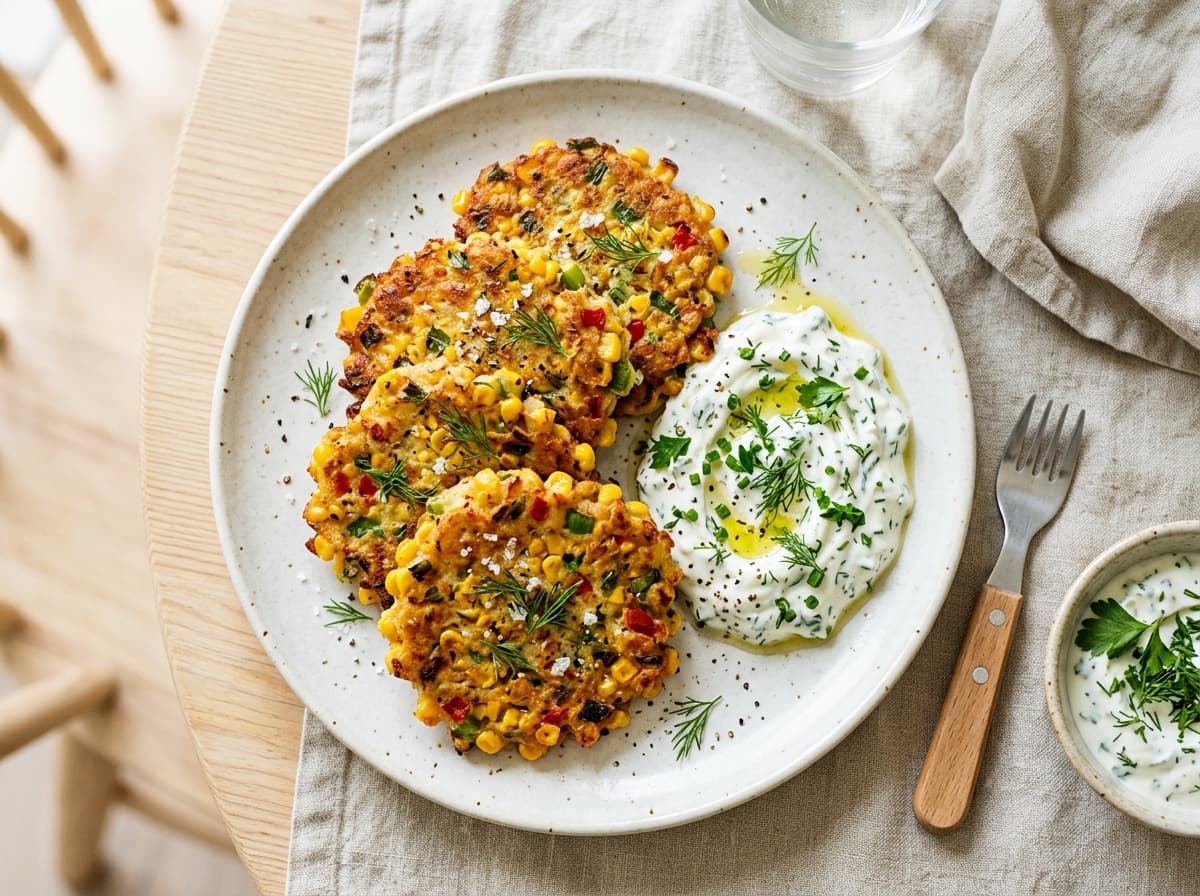 Sommerliche Mais-Puffer mit mildem Kräuter-Quark